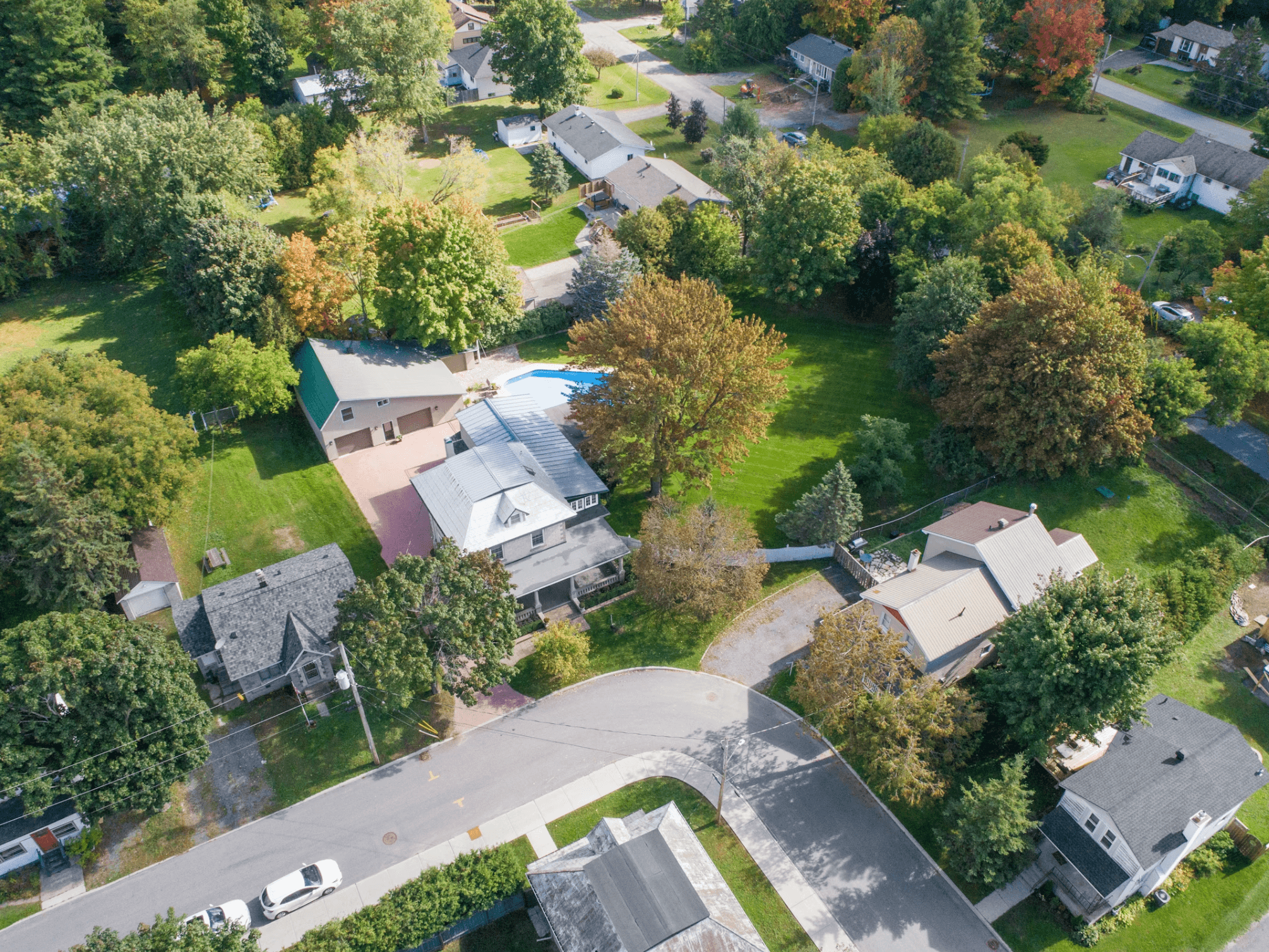 Aerial view of beautiful Atlanta residential neighborhood with autumn foliage